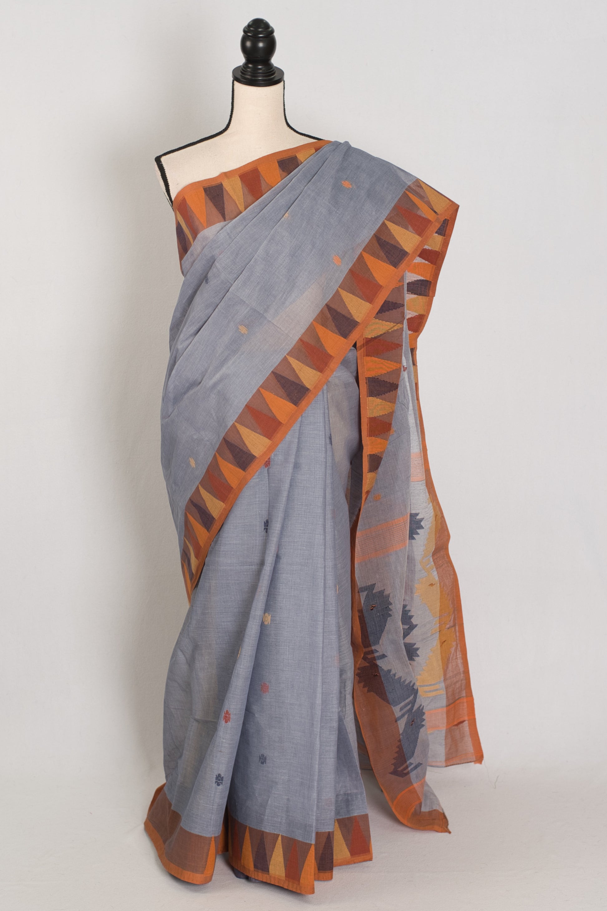 Rai: Grey and Brown Pure Cotton Jamdani Saree with Temple Border image 0