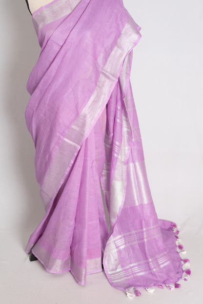 Vibha : Lilac Pure Linen Saree with Silver Zari Border image 5
