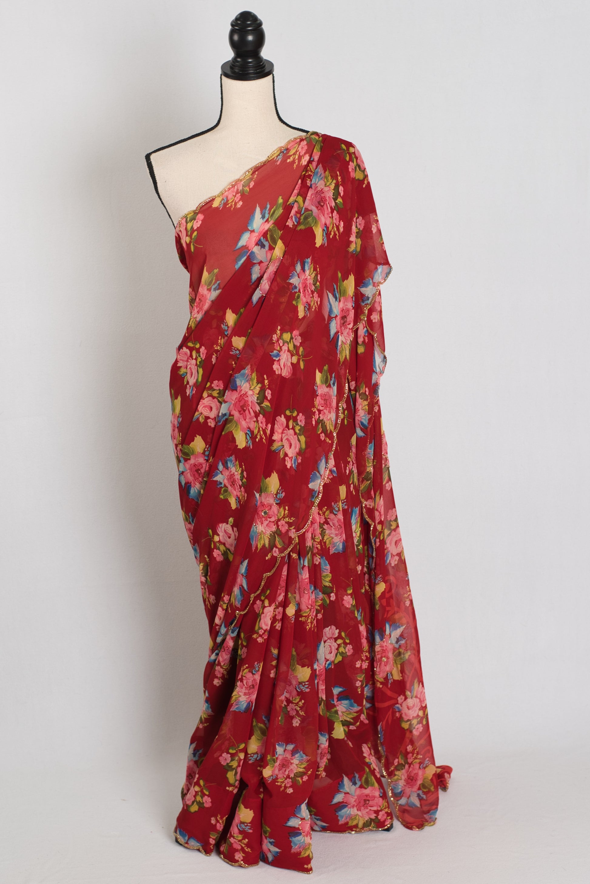 Vibha : Red Floral Georgette Designer Embroidery Saree image 0