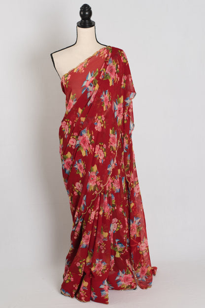 Vibha : Red Floral Georgette Designer Embroidery Saree image 0