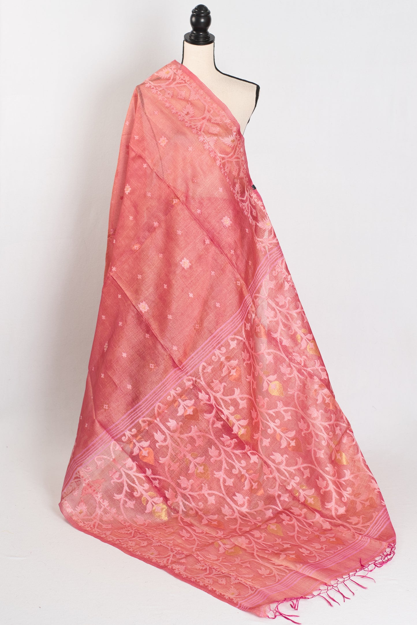 Urmi : Coral Pink Pure Bengal Tussar Silk Saree with Hand-Woven Jamdani Motif image 1