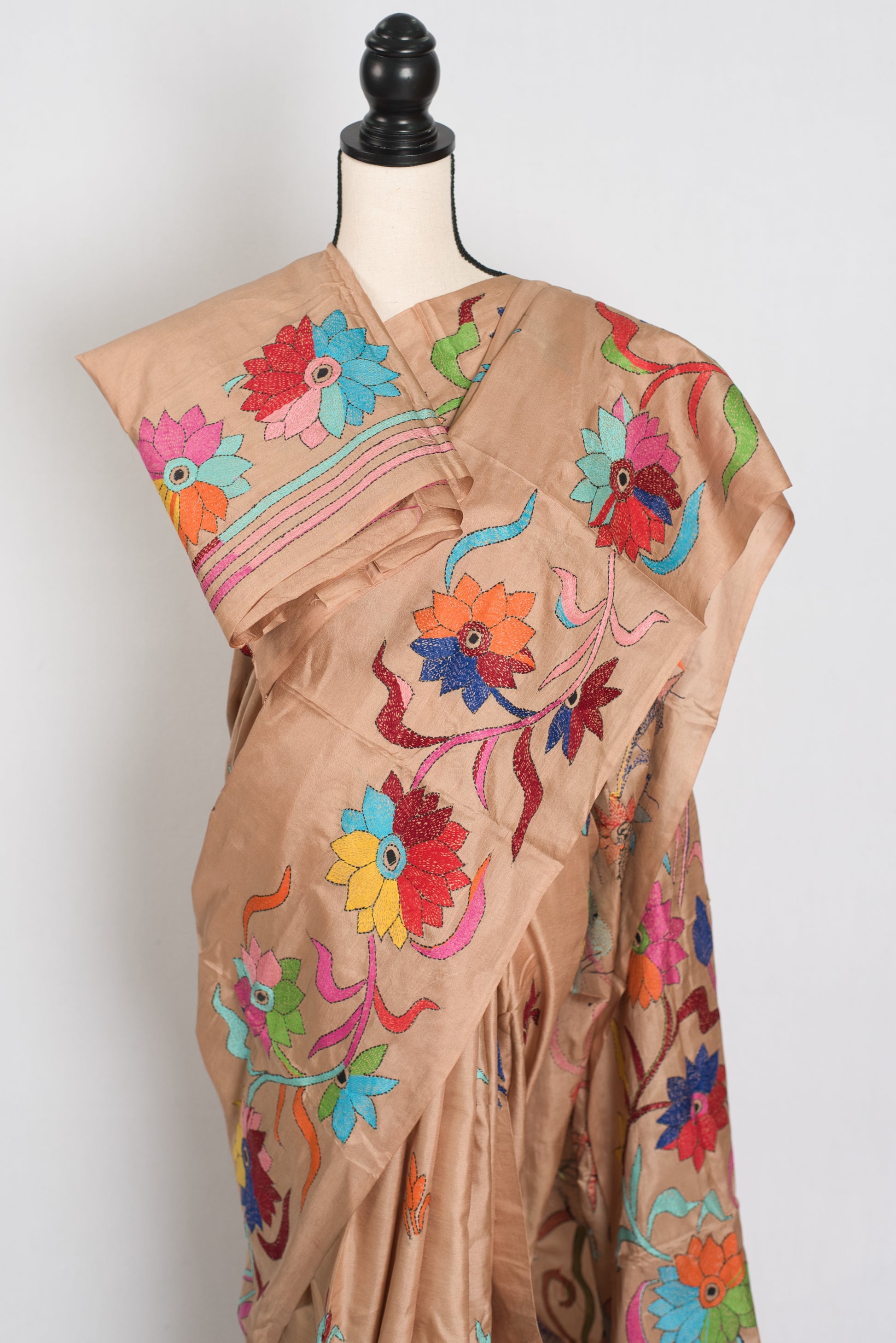 Malati: Silk Mark Certified Hand Embroidery Kantha Silk Saree in Brown image 5
