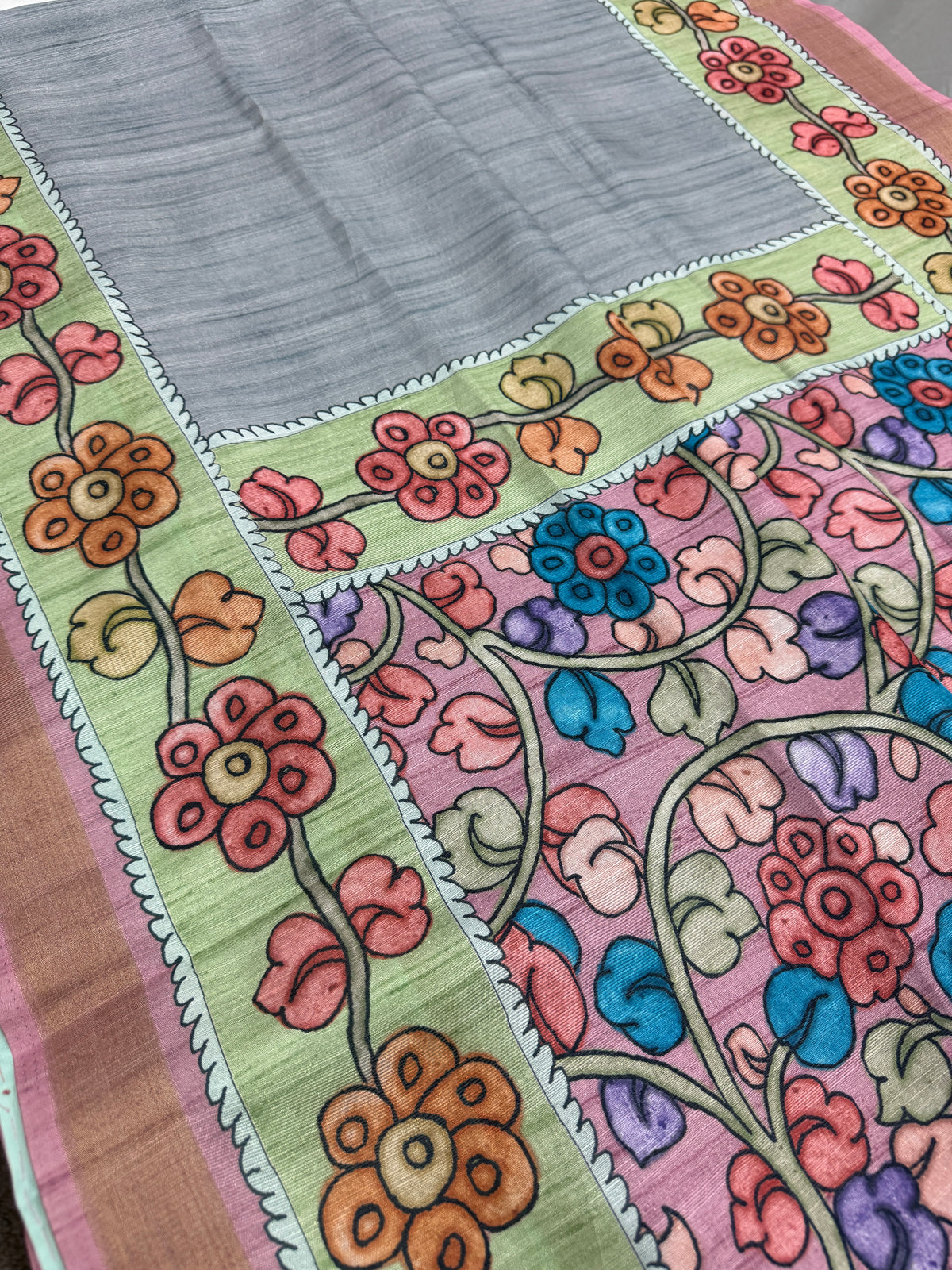 Nisha: Steel Gray & Dusty Pink Semi Tussar Saree | Floral Kalamkari Print image 4
