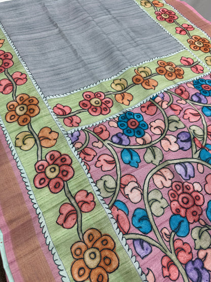 Nisha: Steel Gray & Dusty Pink Semi Tussar Saree | Floral Kalamkari Print image 4