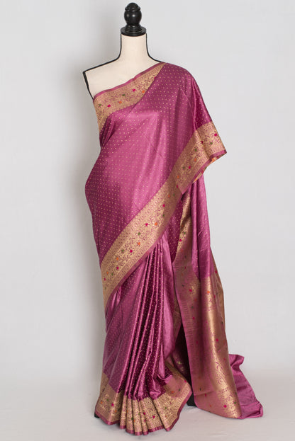 Indrani | Purplish Pink Semi Mashru Banarasi Saree | Pre-Stitched Size 36 Blouse image 0