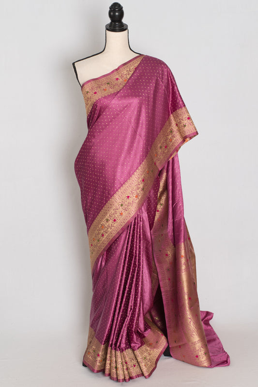 Indrani | Purplish Pink Semi Mashru Banarasi Saree | Pre-Stitched Size 36 Blouse image 0