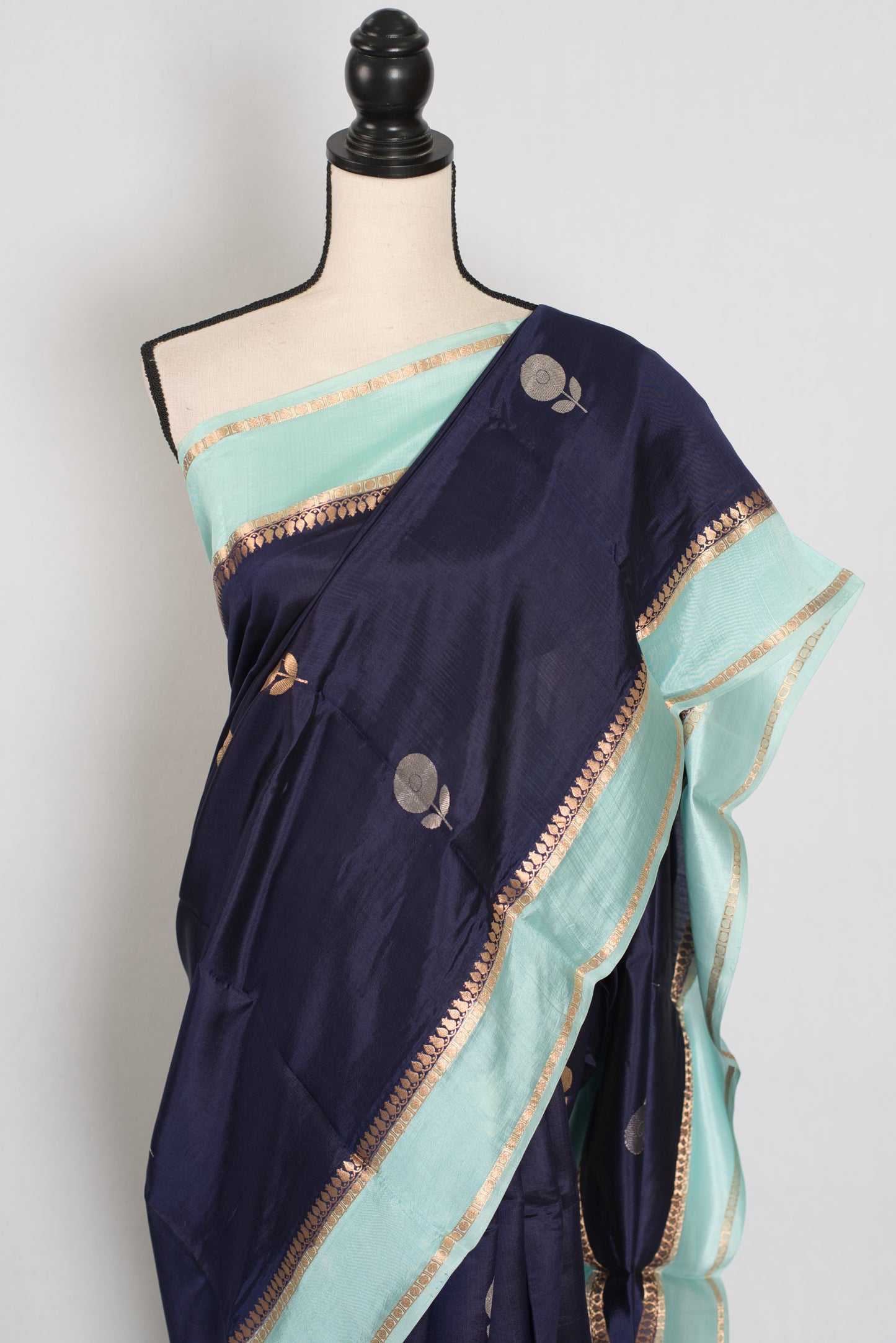 Gehna | Dark Blue & Sky Blue Satin Katan Banarasi Saree | Modern Minimalist image 3
