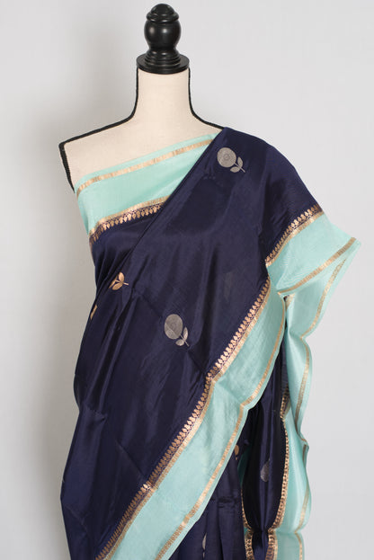 Gehna | Dark Blue & Sky Blue Satin Katan Banarasi Saree | Modern Minimalist image 3