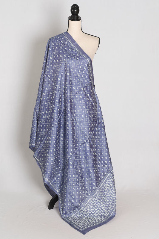 Hand Embroidered Dusty Purple & White Desi Tussar Silk Kantha Dupatta | Aai image 0