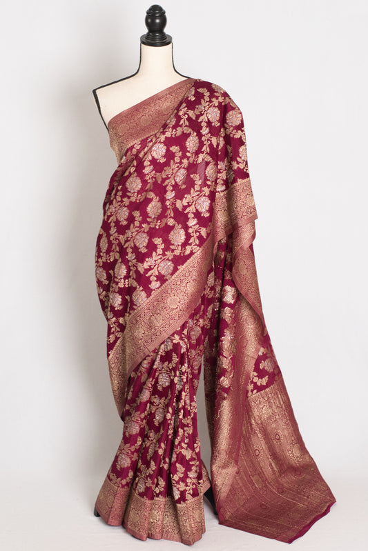Nidhi : Sona Rupa Zari Semi Georgette Banarasi Saree | Size 40 Stitched Blouse image 0
