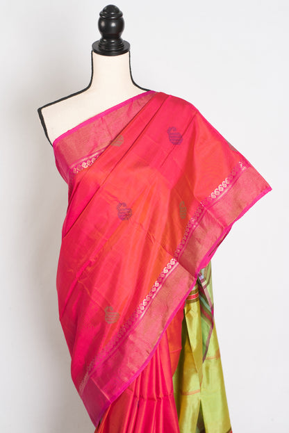 Malini : Bishnupur Katan Silk Saree in Peach Orange and Green image 6