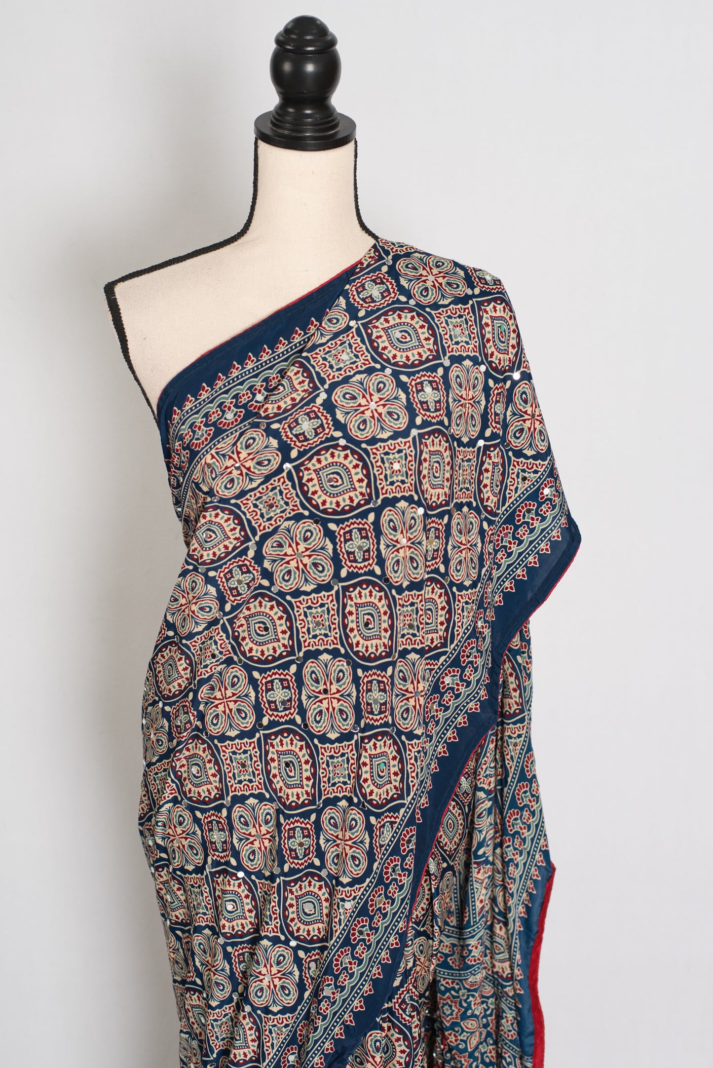Jiya | Indigo Blue Ajrakh Printed Saree | Mirror Work Semi Modal Silk image 5