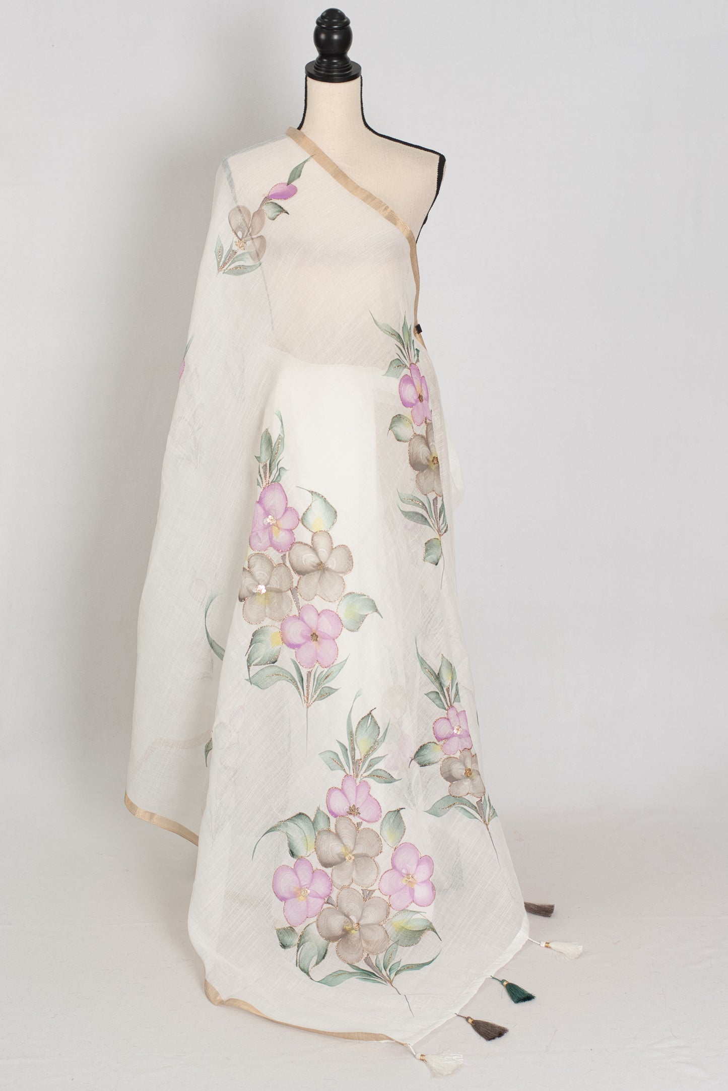 Sree | White Hand-Painted Cotton Saree | Floral Embroidery Highlights image 5