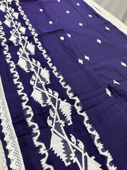 Mehuli : Soft Mul Cotton Jamdani Embroidery Bengali Saree in Purple image 1