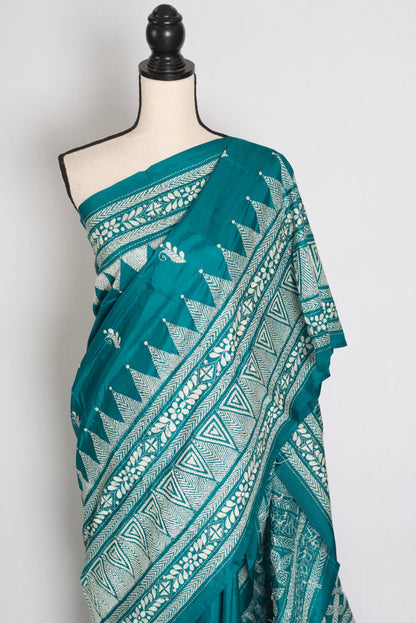 Keya : Green Pure Silk Kantha Saree with 40 Size Ready Stitched Blouse image 5