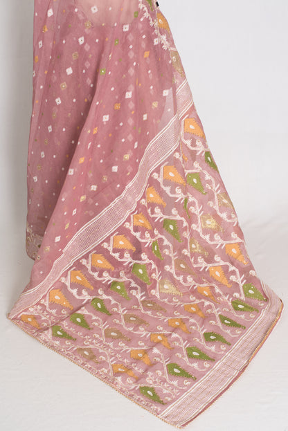 Bithi : Unique Pastel Purple and White Blended Cotton Jamdani Saree image 3