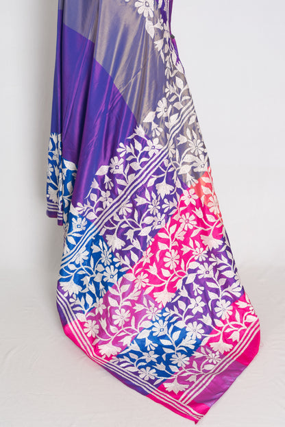 Sandhya : Purple Semi Silk Kantha Stitch Saree | Hand-Embroidered image 3