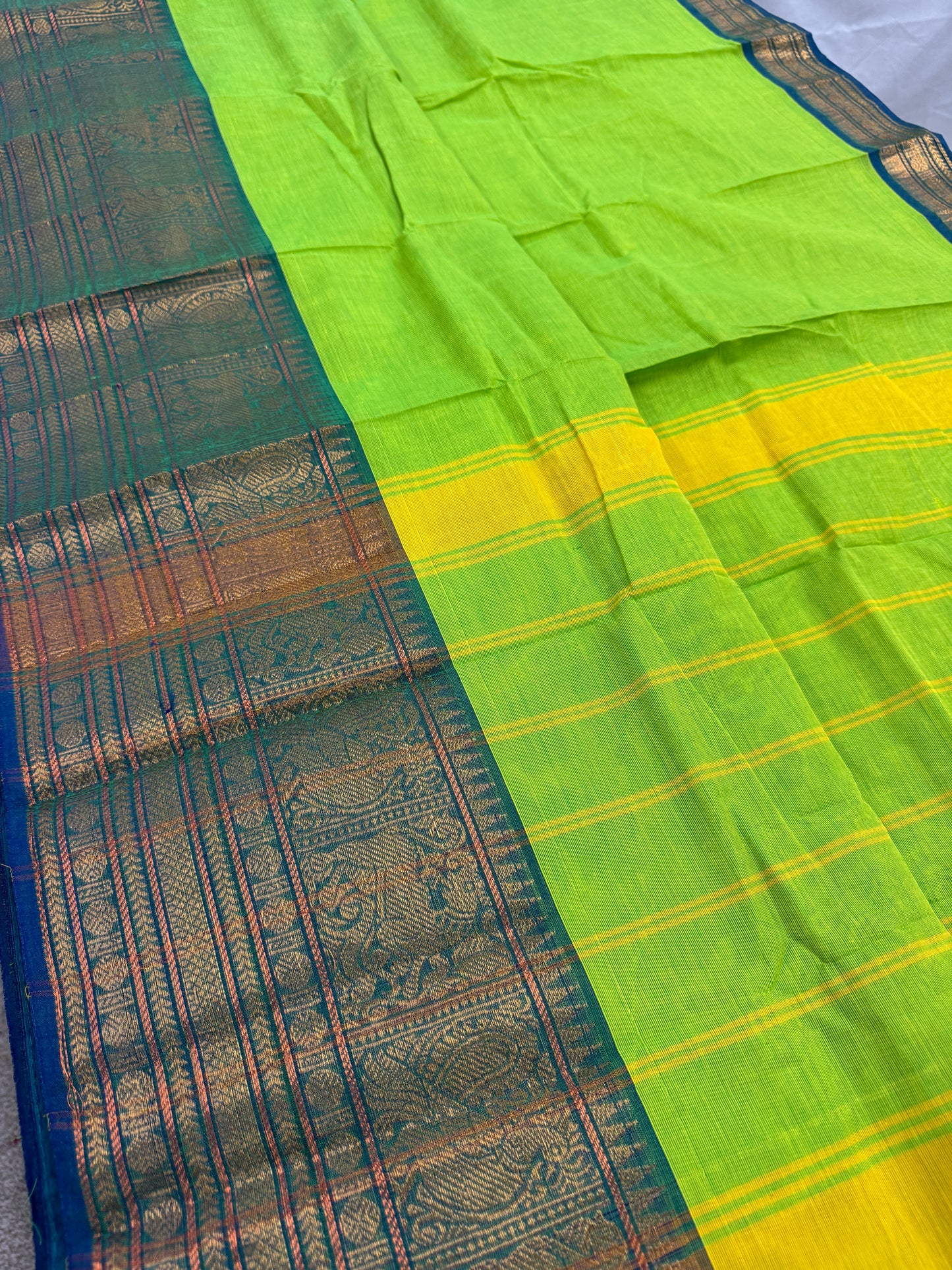 Nalini : Handwoven Kanchi Cotton Saree in Bright Green and Blue image 4