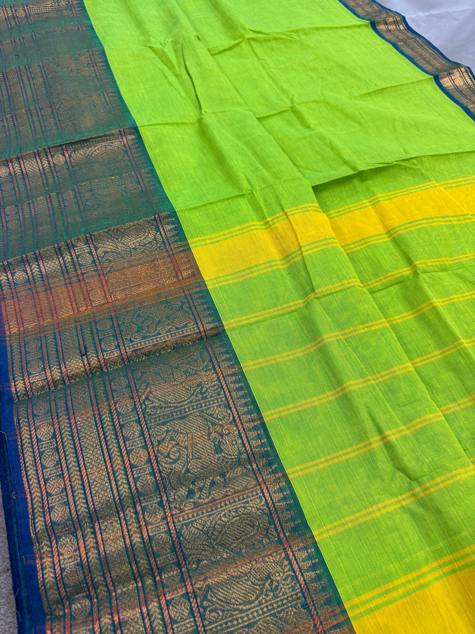 Nalini : Handwoven Kanchi Cotton Saree in Bright Green and Blue image 4