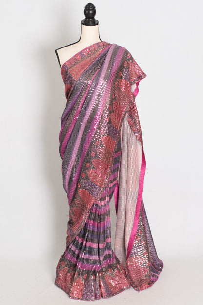 Ruhi | Pink Designer Sequin Saree | Bollywood Style Multi-Tonal Striped Shimmer image 0