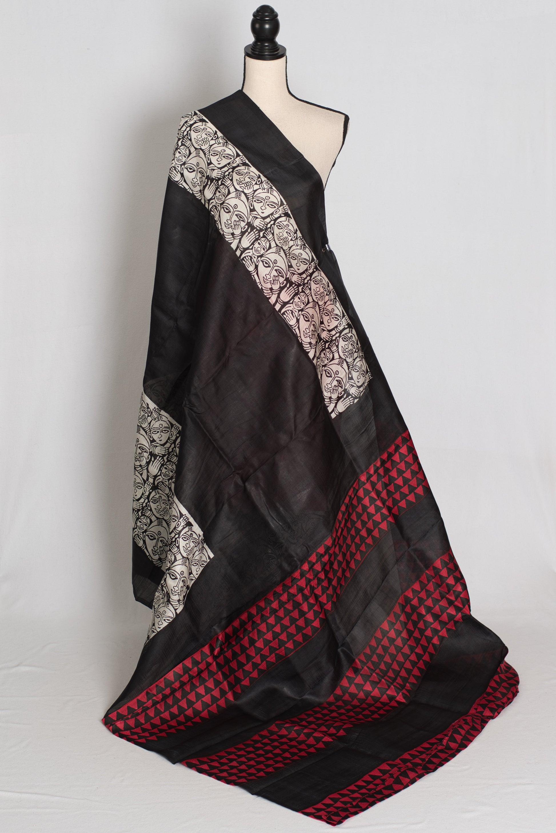 Swapna : Black and Red Half and Half Hand Block Printed Murshidabad Silk Saree image 1