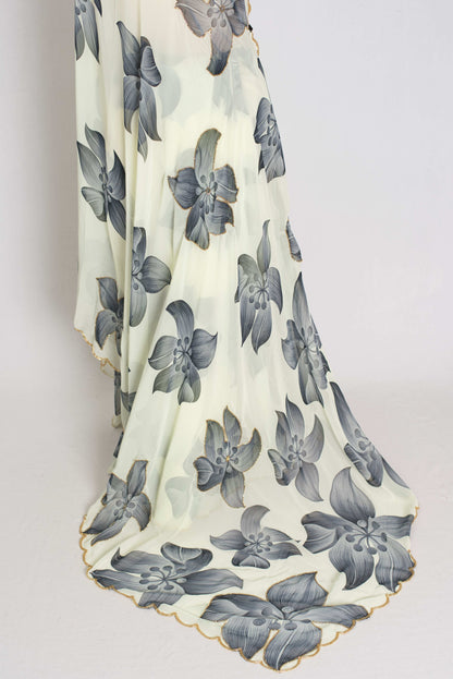 Nibha : Pale Yellow and Gray Floral Georgette Designer Embroidery Saree image 3