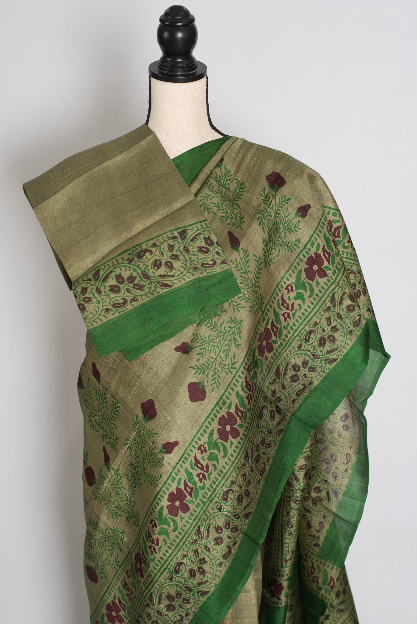 Shyamoli : Olive Green Hand Block Printed Murshidabad Pure Silk Saree image 2