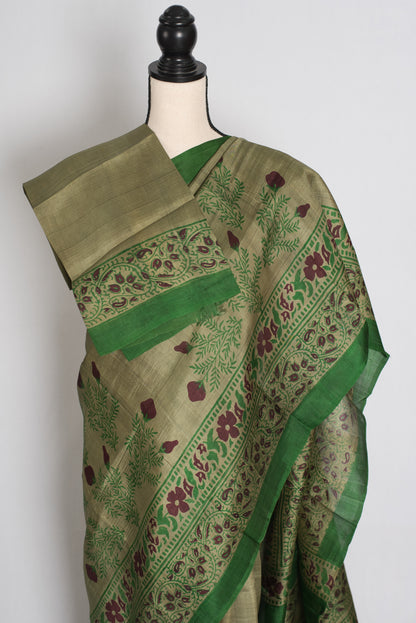 Shyamoli : Olive Green Hand Block Printed Murshidabad Pure Silk Saree image 2