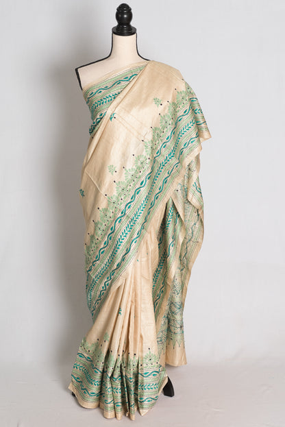 Ishq: Beige Hand-Embroidered Kantha Stitch Silk Mark Certified Tussar Silk Saree image 0