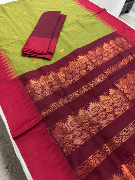 Sheuli : Blended Cotton Gadwal Saree in Moss Green and Red image 0
