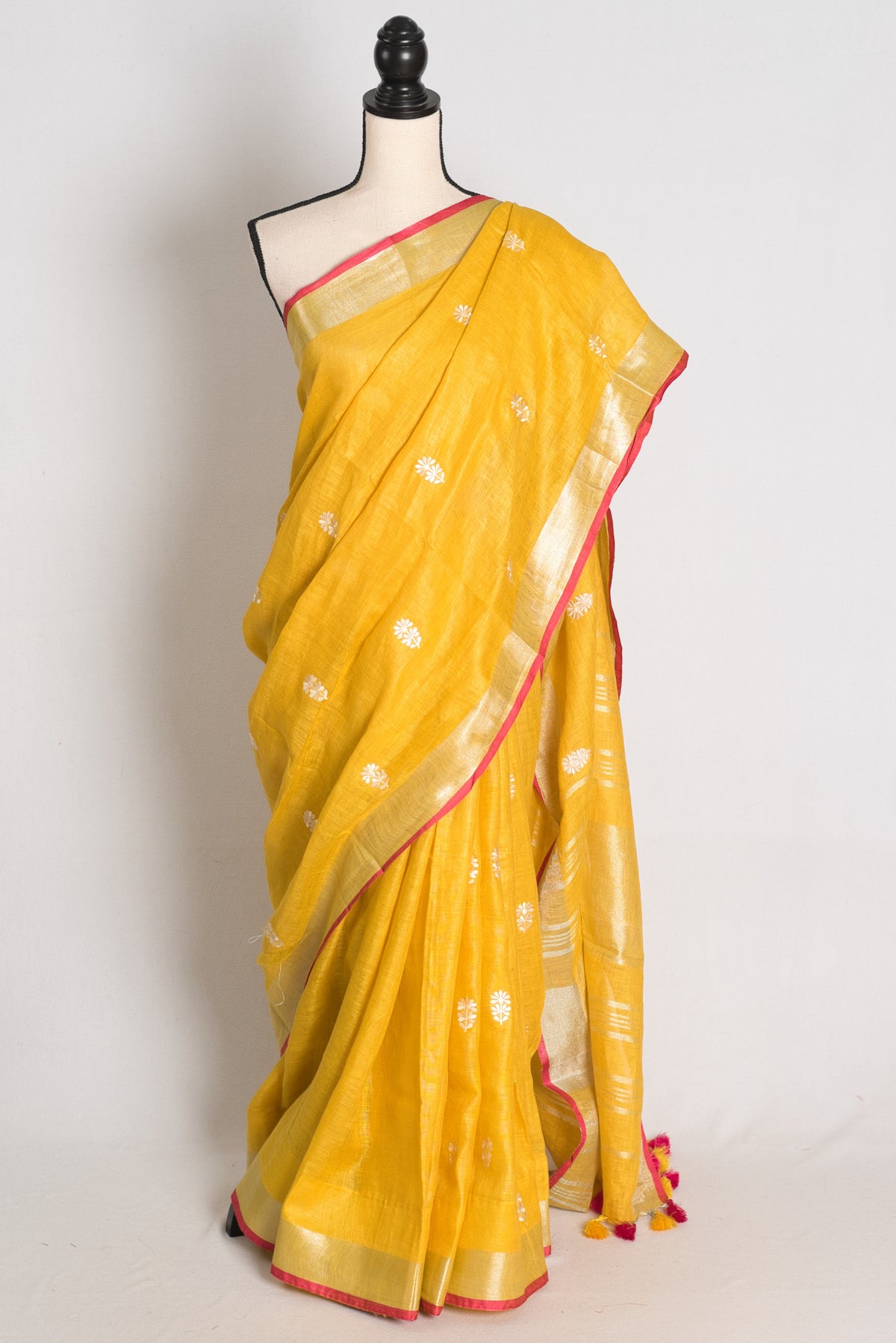 Diya : Yellow Machine Embroidered Pure Linen Saree with Silver Zari Border image 0