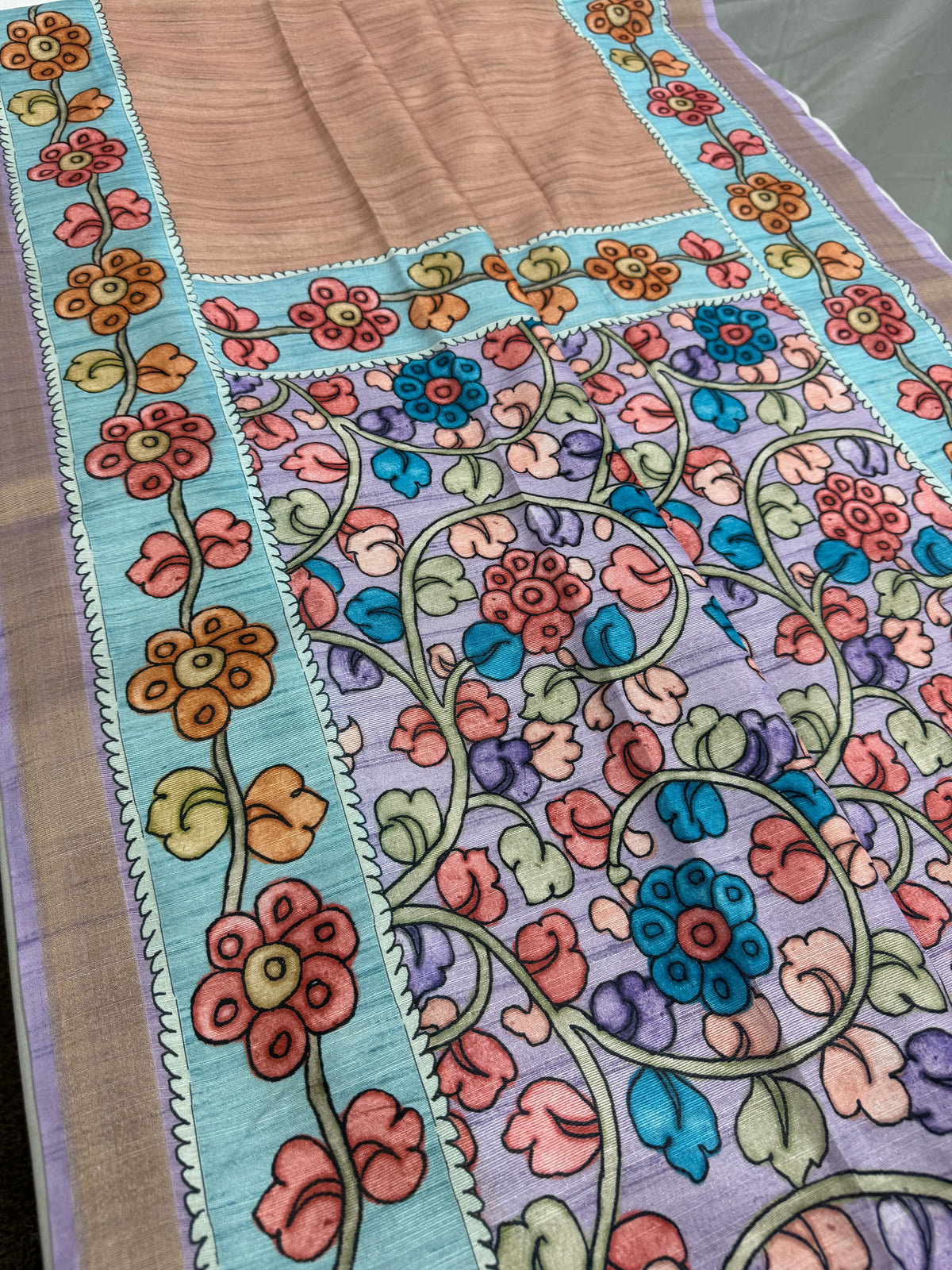 Brinda: Rustic Brown & Cerulean Blue Semi Tussar Saree | Floral Kalamkari Print image 2