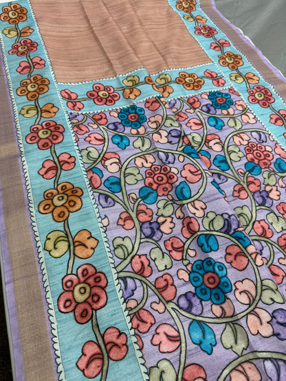 Brinda: Rustic Brown & Cerulean Blue Semi Tussar Saree | Floral Kalamkari Print image 2