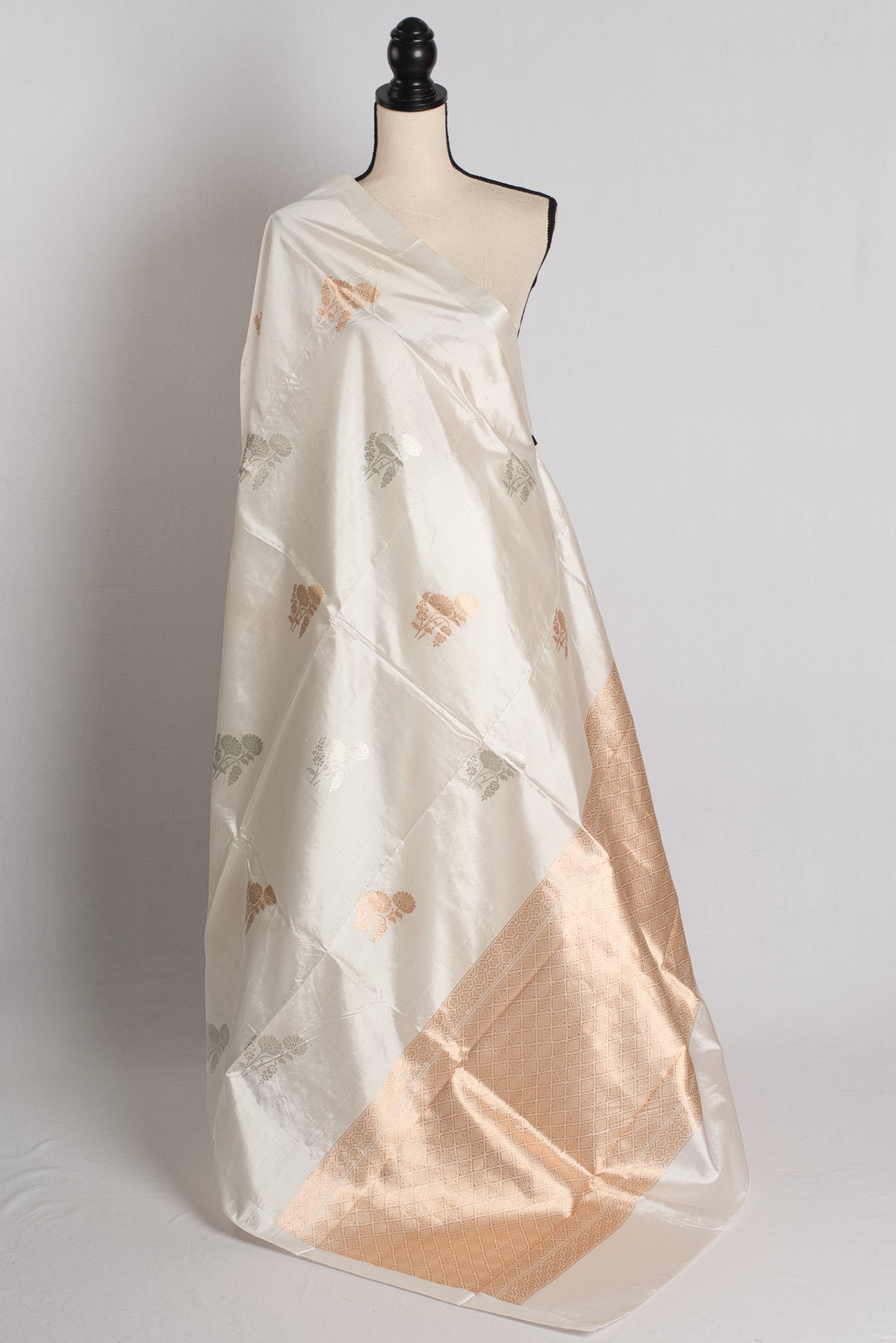 Ivory Muse : Silk Mark Certified White and Gold Satin Katan Banarasi Saree image 1