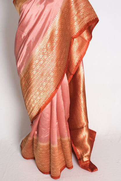 Paroma: Pastel Brown and Rust Wide Border Raw Mango Silk Banarasi Saree image 6