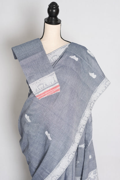 Pronoti : Steel Grey Kaziranga Soft Pure Cotton Assamese Handloom Saree image 2