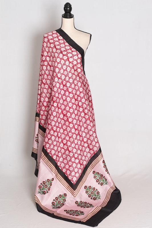 Pritha : Light Pink and Black Hand Block Printed 3-Ply Murshidabad Silk Saree image 1