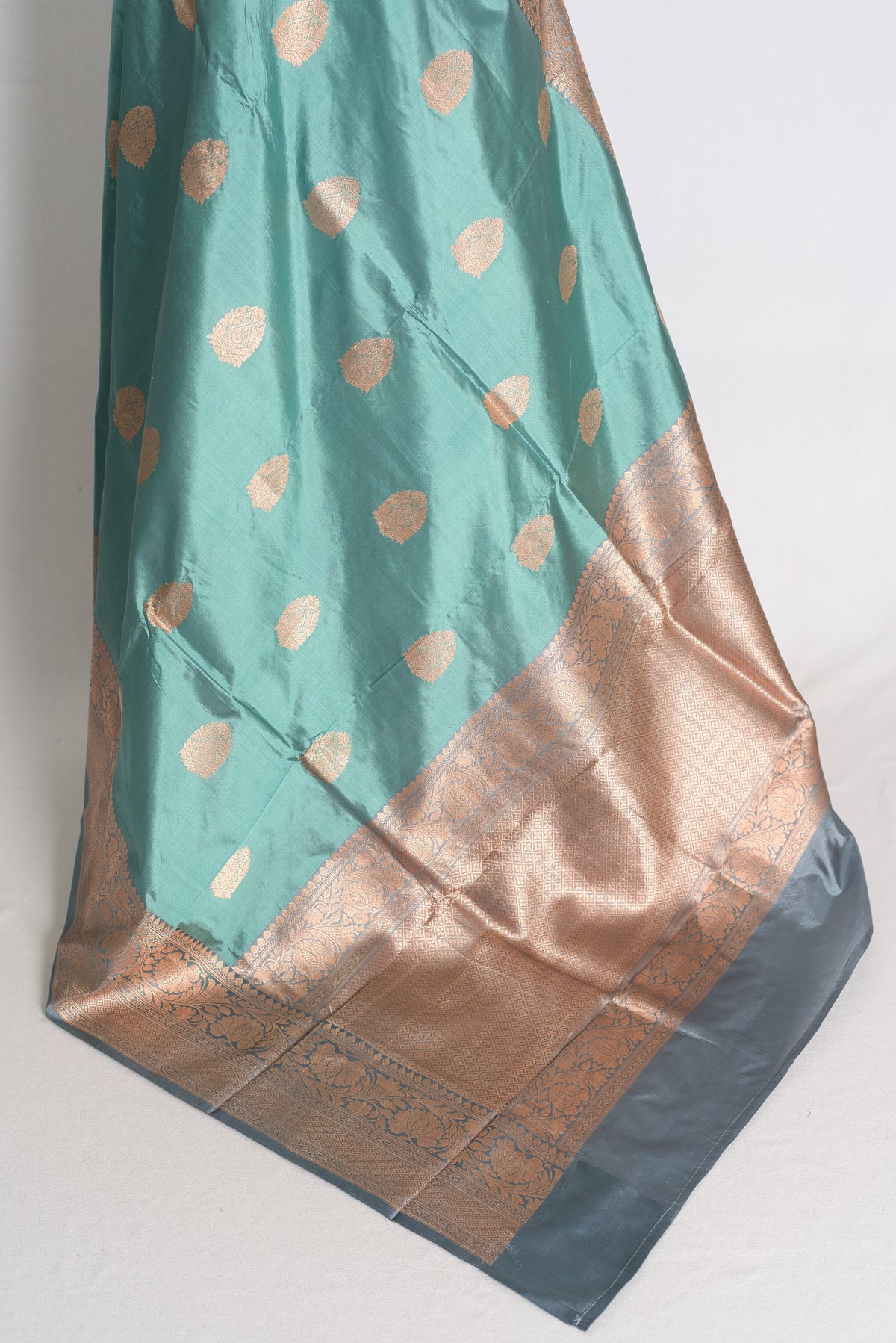 Uma: Pastel Green and Grey Banarasi Silk Saree with Blouse Piece image 3