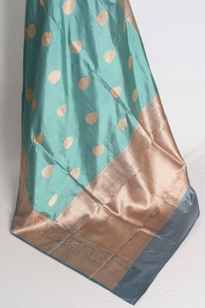 Uma: Pastel Green and Grey Banarasi Silk Saree with Blouse Piece image 3