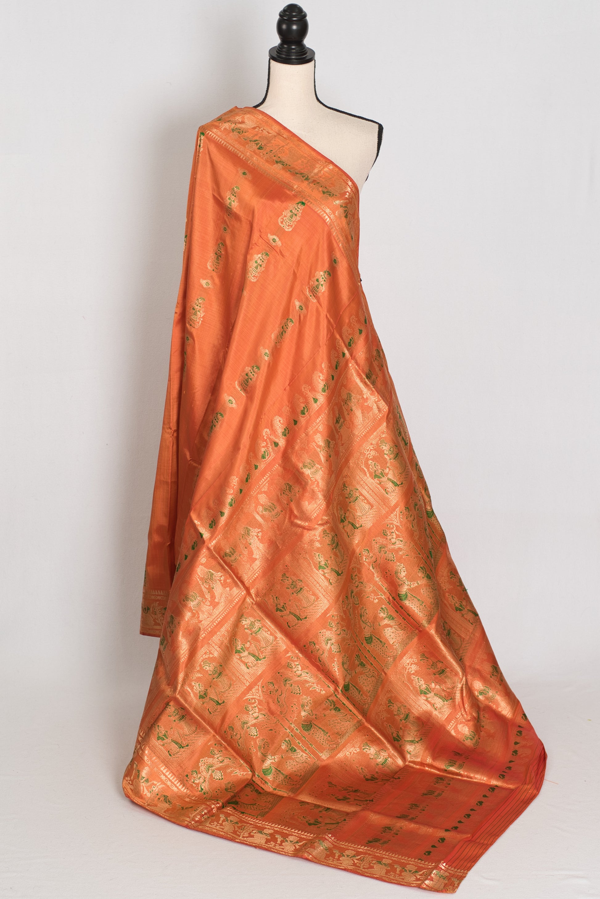 Gauri | Orange and Green Handwoven Bishnupuri Minakari Swarnachari Silk Saree image 1