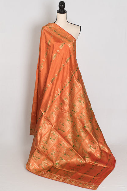 Gauri | Orange and Green Handwoven Bishnupuri Minakari Swarnachari Silk Saree image 1