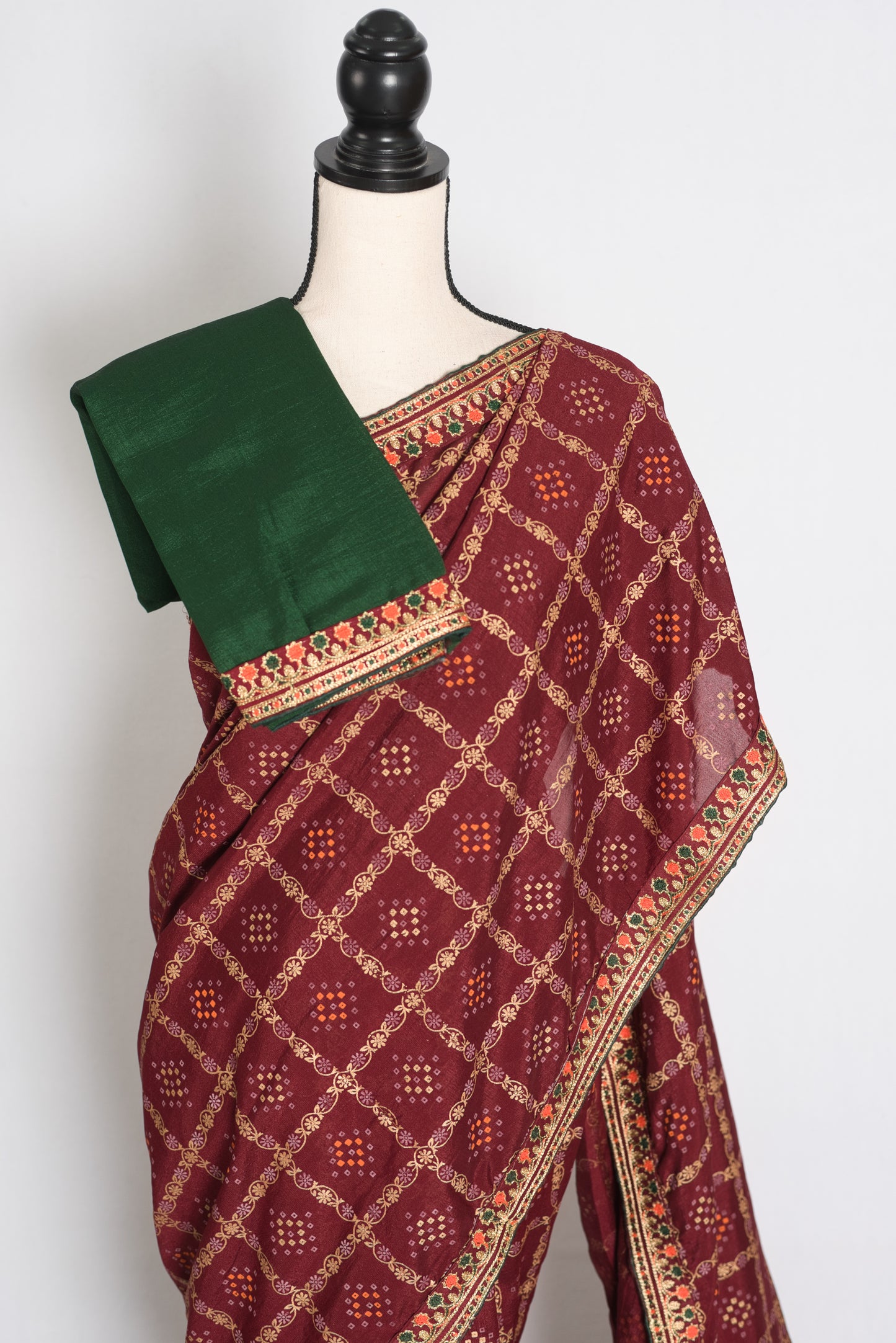 Moni: Maroon Gharchola Saree with Gold Print and Embroidered Border image 2