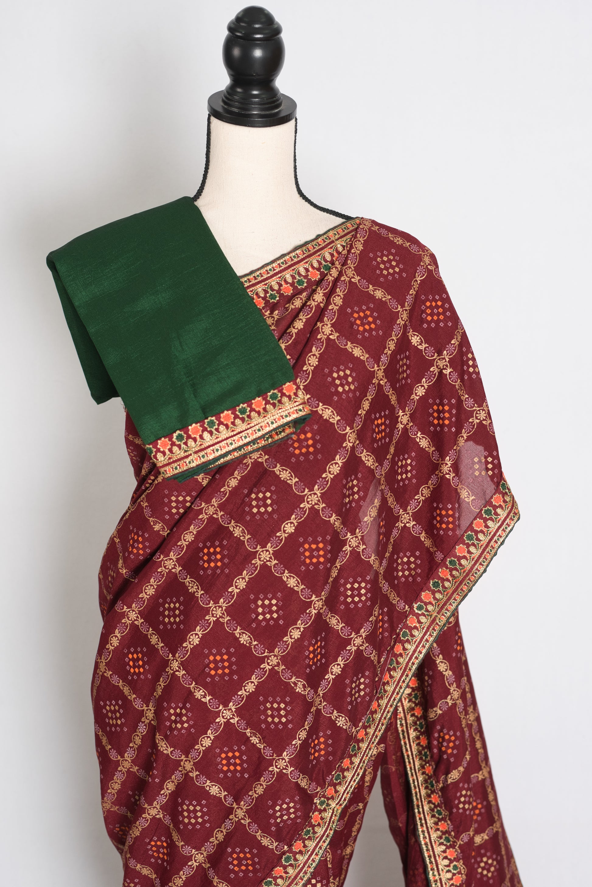 Moni: Maroon Gharchola Saree with Gold Print and Embroidered Border image 2