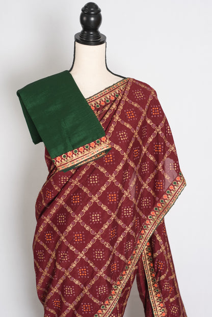 Moni: Maroon Gharchola Saree with Gold Print and Embroidered Border image 2