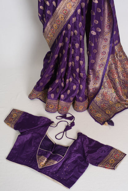 Priya : Purple and Gold Dola Silk Banarasi Saree with 40 Size Blouse image 2