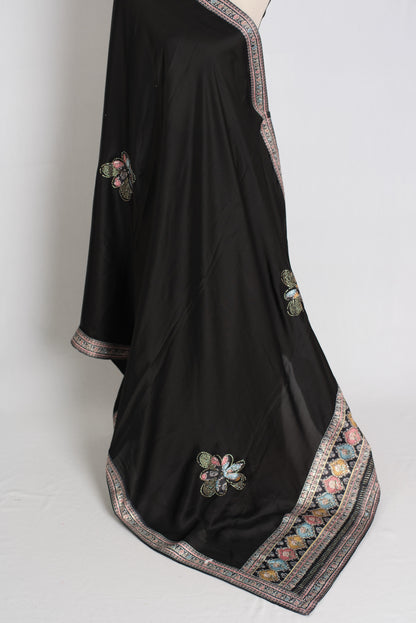 Nalini : Black Semi Satin Aplic Work Party Wear Saree image 3