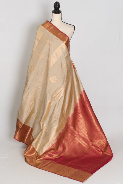 Rama : Mud White & Brick Red Contrast Semi Silk Kanjivaram Saree image 1