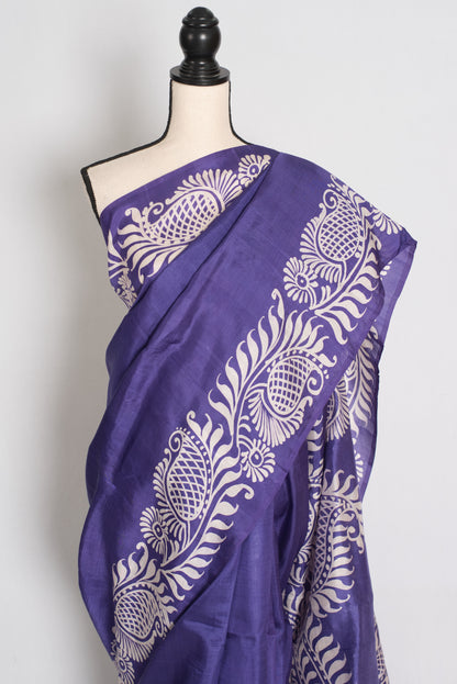 Malathi : Purple and Off-White Hand Batik Pure Murshidabad Silk Saree image 6