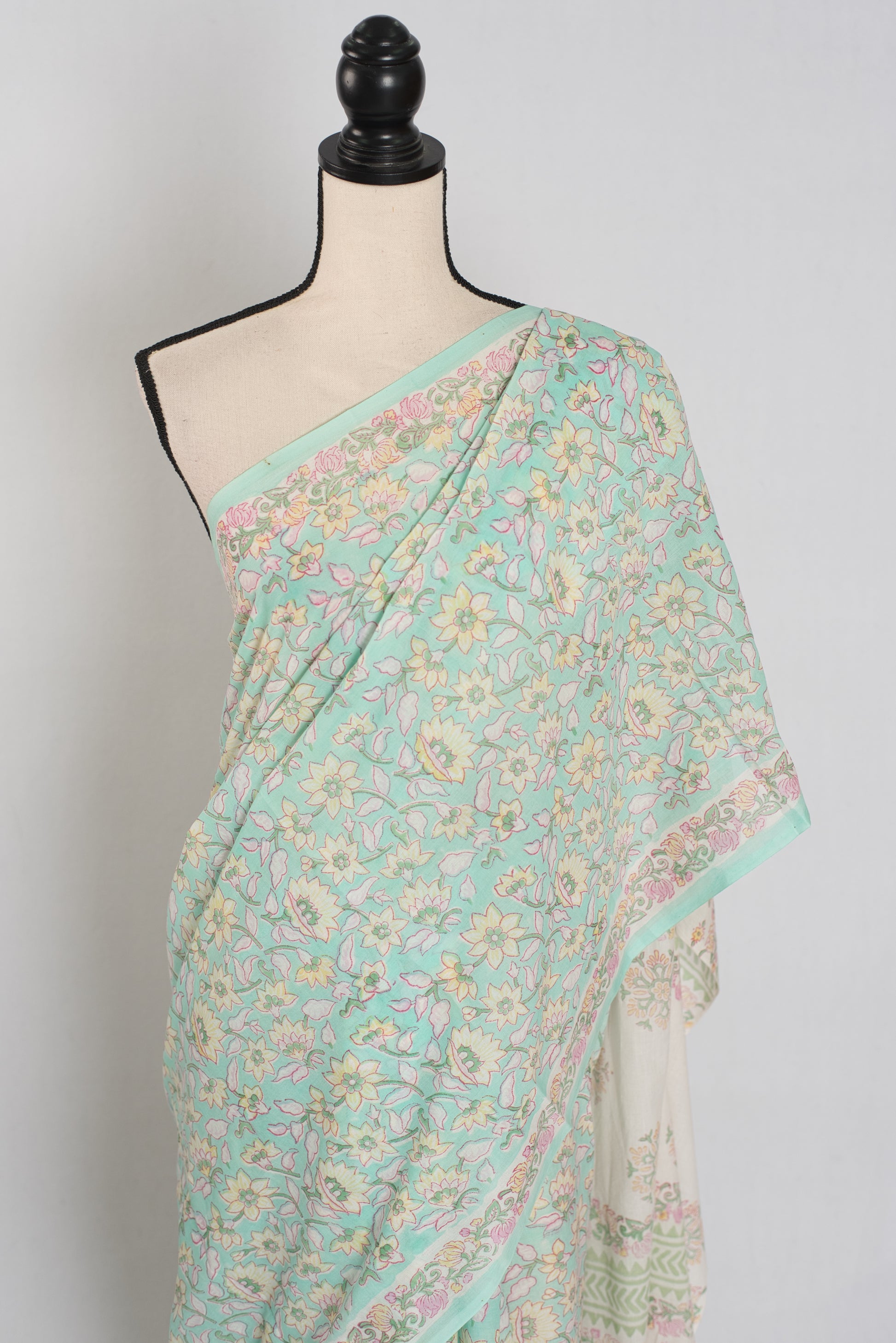 Nidhi: Sea Green & White Mulmul Cotton Saree | Premium Kalamkari Print image 5