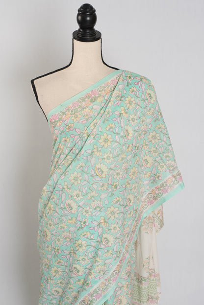 Nidhi: Sea Green & White Mulmul Cotton Saree | Premium Kalamkari Print image 5